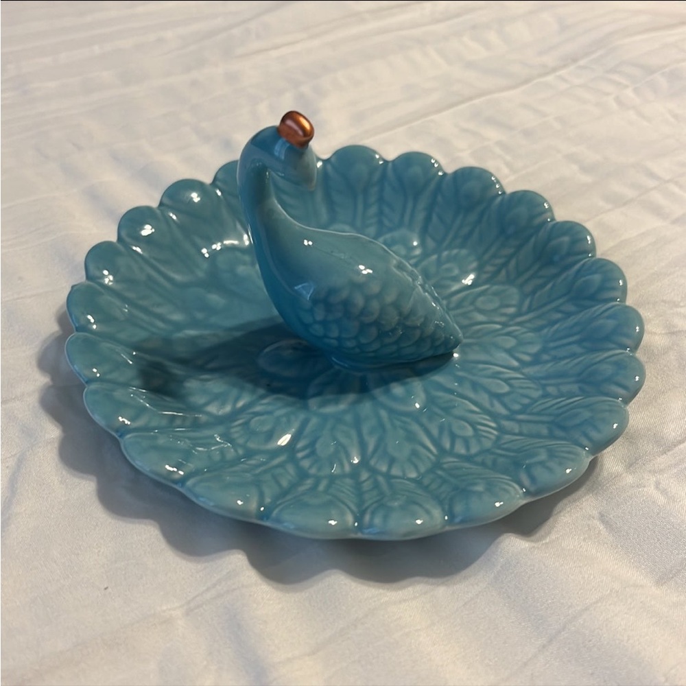 Blue Peacock Ceramic Ring & Jewelry Trinket Dish Holder
